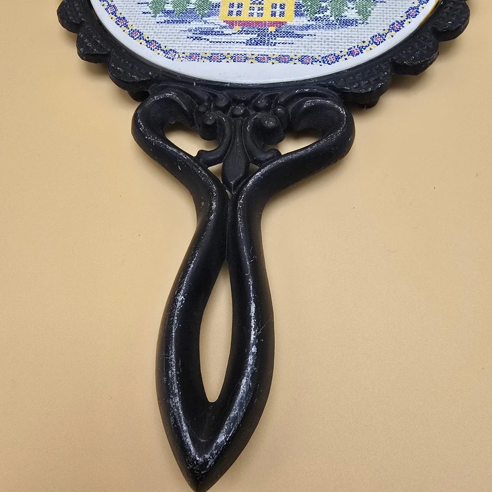 Vintage Cast Iron‎ Trivet Ceramic Insert Home Quote Cross Stitch Style Black